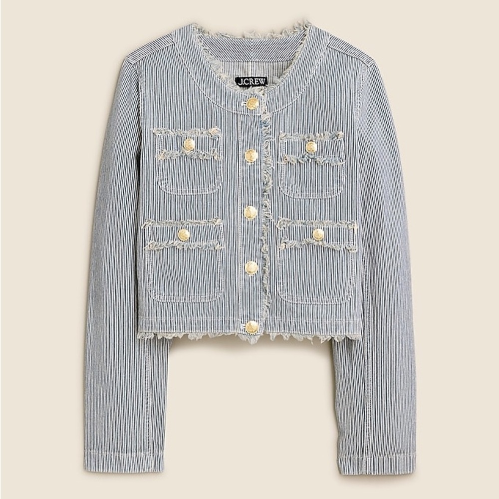 J. Crew Cropped Frayed Denim Lady Jacket in Stripe Indigo Natural Stripes Size 0
